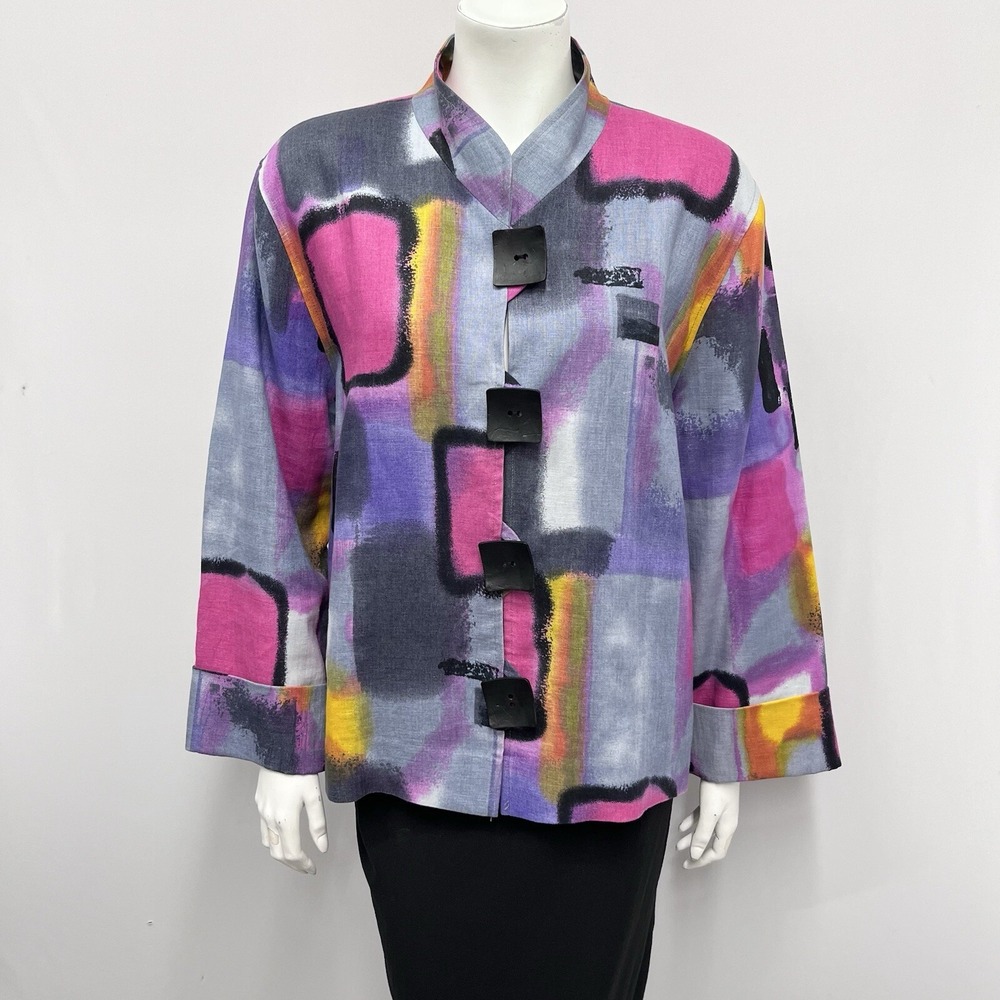 Caroline Rose 100% Linen Jacket Artsy Fabulous Colorful Print Size XL